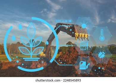 Smart farm for rural agriculture on  excavator digging soil in garden - Shutterstock ID 2248545893