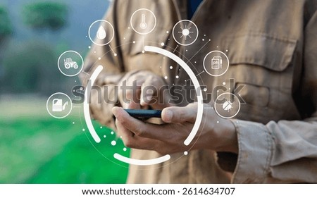 Smart Farming Interface, farmer using mobile app, digital icons floating, farm background, efficient agriculture technology.
