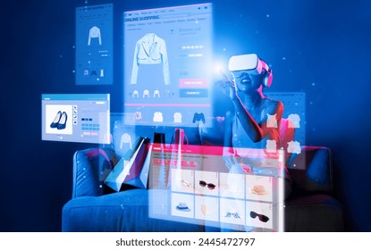 Smart female sitting on sofa while wearing VR headset connecting metaverse, future cyberspace community technology. Elegant woman enjoy opening online store menu shop luxury product. Hallucination. - Powered by Shutterstock