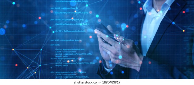 Smart fintech programmer using mobile phone futuristic computer coding, future artificial intelligence big data business finance computer technology concept.