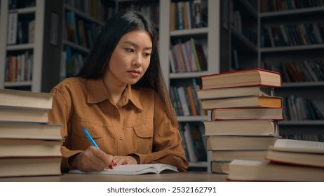 Smart focused asian woman girl student doing homework at desk with books in university library serious female schoolgirl writing notes preparing for college exam write scientific historical project - Powered by Shutterstock