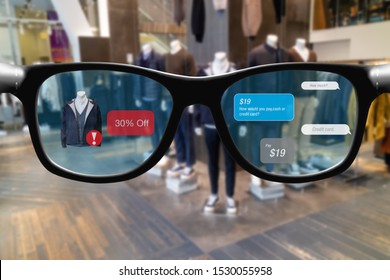 smart glasses with augmented mixed virtual reality in retail concept , customer use artificial intelligence, geofencing and chatbot technology to buy product in superstore