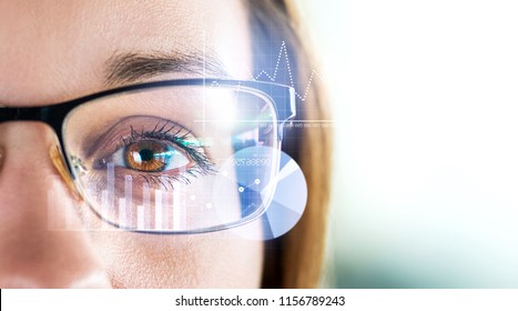 Smart glasses and augmented reality concept. Woman wearing modern spectacles with futuristic screen. Virtual technology. Close up of eye surrounded by business statistics and analytics. Future vision.