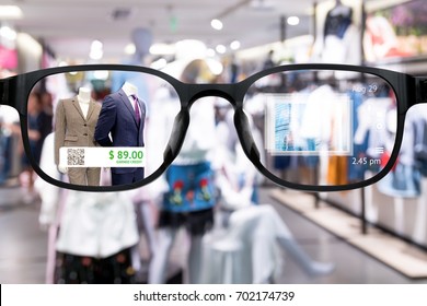 Smart glasses , qr code payment , augmented reality technology concept. Customer use glasses in retail fashion department store mall shop.