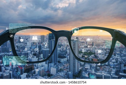 Smart glasses, VR virtual reality, and AR augmented reality technology. Smart glasses looking at the city with graphic hologram
