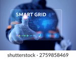 Smart grid technology concept with electrical engineers pointing on virtual control panel to manage electric power industrial and smart network