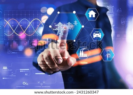 Smart grid technology and electric power Industry with electrical engineers pointing control panel to manage smart grid industrial and smart city network