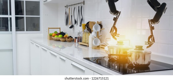 smart handy dexterous chef robotic assistant in kitchen technology concept, robot hand receive an order and cooking the recipe by program and it can self-teaching technology for update the new menu