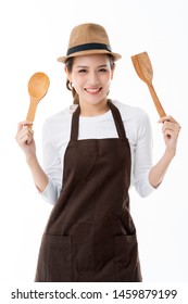 Smart Happiness Asian Friendly Shop Owner Wear Brown Apron Portrait Half Body Smile And Look To Camera Isolate White Background