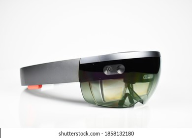 The Smart Holographic Glasses For Mixed Virtual Reality On The White Background Side View.