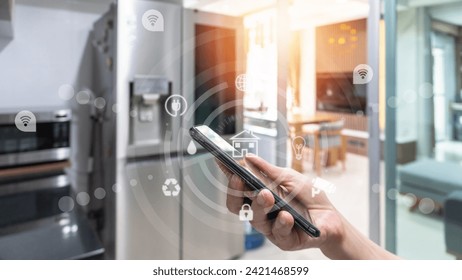 Smart home AI technology with remote control on electronic appliances in house and living room over mobile smartphone app, wireless application network on cloud system - Powered by Shutterstock