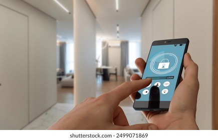 Smart home automation app on smartphone hold by female hand with home interior in background - Powered by Shutterstock