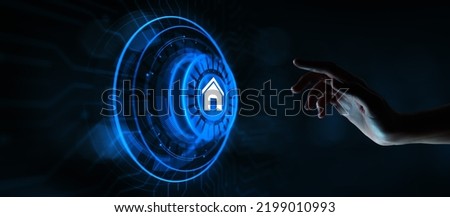 Smart Home automation wireless control IOT internet of things concept. Hand pressing button.