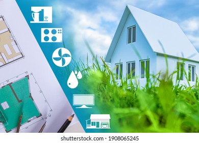 Smart home. The concept of home automation. Designing a smart home. Development of connecting a cottage to the Smart home. IOT system. Cottage on the background of drawings and app shortcuts.