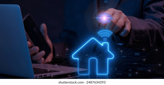 Smart home control concept. Home automation system and remote home control online. Businessman pushing power button to operate glowing neon line of smart home technology icon on virtual screen. - Powered by Shutterstock