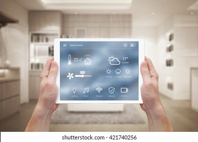 Smart Home Control On Tablet. Interior Of Living Room In The Background.