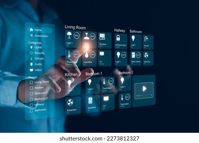 Smart home dashboard interface control connected devices and set up automations. Futuristic virtual screen HUD above digital tablet computer. Assistant technology for smart devices. Smart home concept - Shutterstock ID 2273812327
