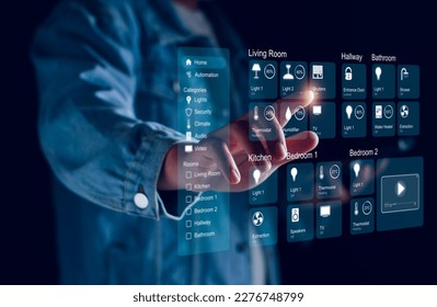 Smart home dashboard interface control connected devices and set up automations. Futuristic virtual screen HUD above digital tablet computer. Assistant technology for smart devices. Smart home concept - Powered by Shutterstock