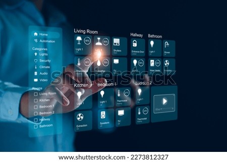 Smart home dashboard interface control connected devices and set up automations. Futuristic virtual screen HUD above digital tablet computer. Assistant technology for smart devices. Smart home concept