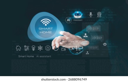 Smart home dashboard interface using AI assistant to control home appliances with voice commands. Modern artificial intelligence technology for comfort, energy efficiency, and safety in daily living.