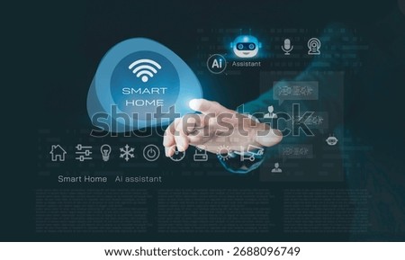 Smart home dashboard interface using AI assistant to control home appliances with voice commands. Modern artificial intelligence technology for comfort, energy efficiency, and safety in daily living.