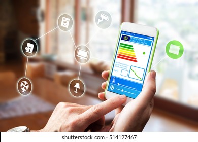 Smart Home, Intelligent House Automation Remote Control Technology Concept On Smart Phone / Tablet Working With Smarthome App. IOT - Internet Of Things