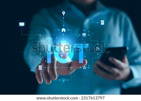 Smart home interface control iot internet of things connected devices and set up electronic automations. Futuristic virtual screen HUD above digital computer. Assistant technology smart home devices.