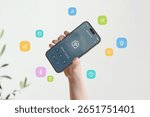 Smart home interface featuring multiple home automation functions visualized through bright graphic elements flying around phone