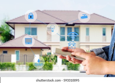 Smart home secured automation with wifi technology, Hand using smartphone as house mobile monitor such as camera, computer, door and light, internet of things, people and smart home concept
