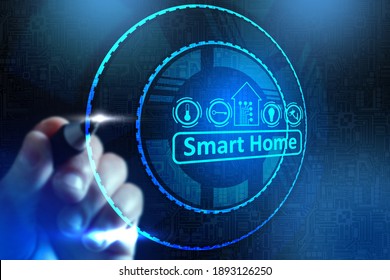 Smart Home Sign On A Virtual Screen. Man Clicks On Inscription Smart Home. IOT House System. IOT Security Symbols On Blue Background. Concept - Maintenance Of Smart Home System. IOT Related Services