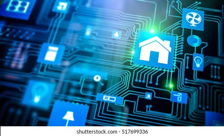 Smart home: Smarthome house automation icon on motherboard, future technology home remote control concept.