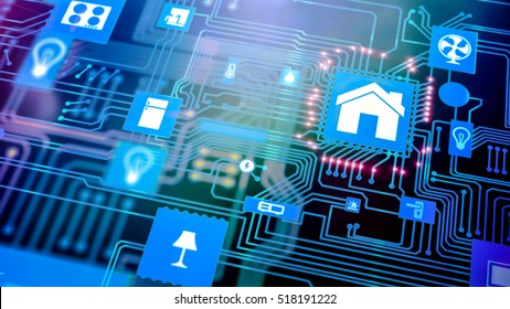 Smart Home: Smarthome , Smart House Automation Icon On Motherboard, Future Technology Home Remote Control Concept.