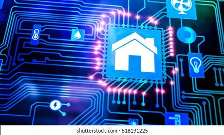 Smart Home: Smarthome House Automation Icon On Motherboard, Future Technology Home Remote Control Concept.