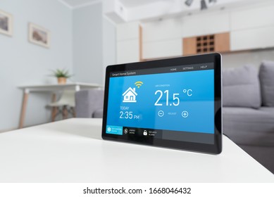 Smart Home System Device In Modern Living Room. Temperature, Energy Efficiency, Security Control.