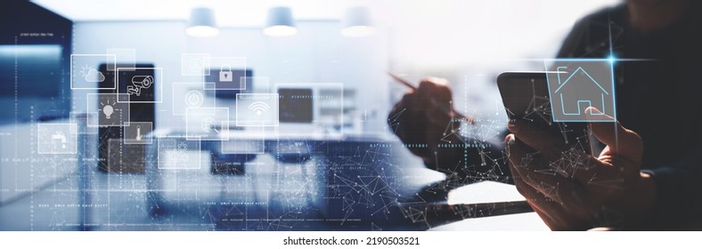 Smart home technology interface on smartphone mobile app screen with augmented reality (AR), internet of things (IoT) connected home interior objects, remote control, modern people lifestyles