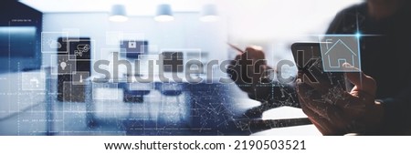 Smart home technology interface on smartphone mobile app screen with augmented reality (AR), internet of things (IoT) connected home interior objects, remote control, modern people lifestyles
