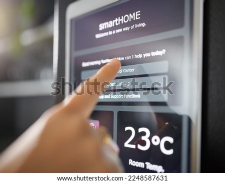 Smart home technology, wall and hands of woman with digital app monitor for thermostat heating, security network or house automation. AI software system, ui control panel or girl with IOT electronics