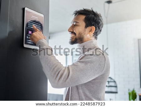 Smart home technology, wall system or man with digital dashboard screen for room lighting, safety security network or house automation. AI software app, ui panel or profile of person with IOT monitor