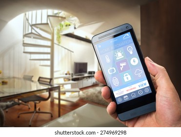 Smart House, Home Automation, Device With App Icons. Man Uses His Smartphone With Smarthome Security App To Unlock The Door Of His House.