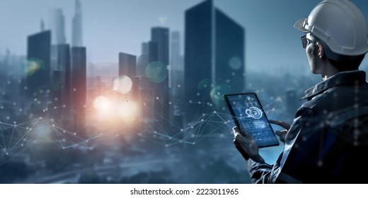 Smart industry 4.0 technology concept, engineer using data and control networking for sustainable energy, sustainable development, energy saving, increase productivity and  efficiency management 