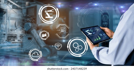 Smart industry control concept.Manager Engineer Hands holding tablet on blurred automation machine as background
