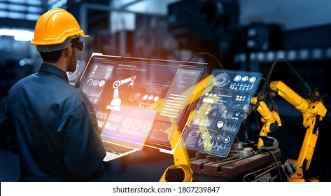 Smart industry robot arms for digital factory production technology showing automation manufacturing process of the Industry 4.0 or 4th industrial revolution and IOT software to control operation . - Shutterstock ID 1807239847