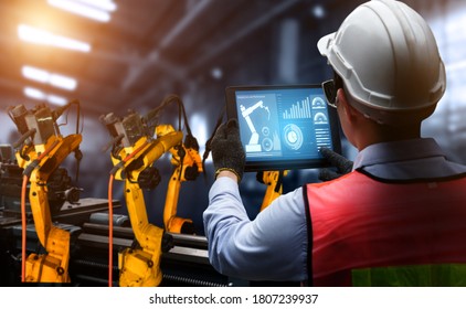 Smart Industry Robot Arms For Digital Factory Production Technology Showing Automation Manufacturing Process Of The Industry 4.0 Or 4th Industrial Revolution And IOT Software To Control Operation .