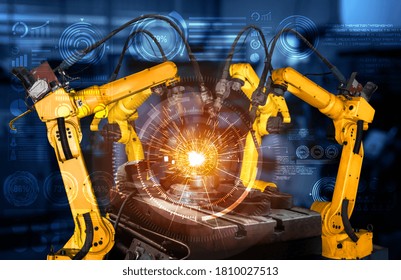 Smart Industry Robot Arms For Digital Factory Production Technology Showing Automation Manufacturing Process Of The Industry 4.0 Or 4th Industrial Revolution And IOT Software To Control Operation .