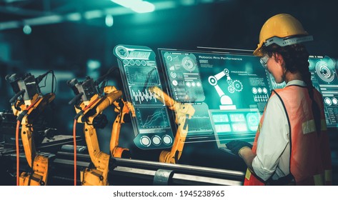 Smart Industry Robot Arms For Digital Factory Production Technology Showing Automation Manufacturing Process Of The Industry 4.0 Or 4th Industrial Revolution And IOT Software To Control Operation .