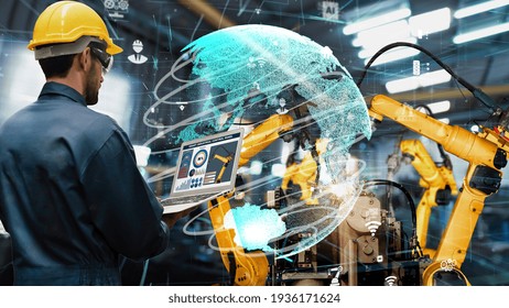 Smart Industry Robot Arms Modernization For Digital Factory Technology . Concept Of Automation Manufacturing Process Of Industry 4.0 Or 4th Industrial Revolution And IOT Software Control Operation .