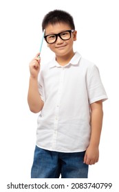 Smart Kid Thinking With Smile And Hand Holding Pencil Pointing To Head  Wearing Eyeglasses Isolated On White Background