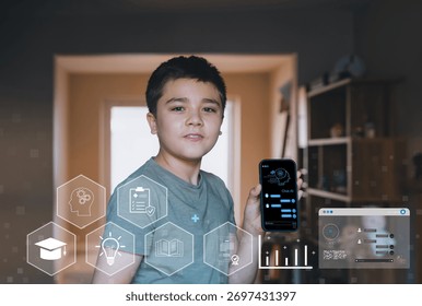 Smart kid using AI chatbot app on smartphone for learning and innovation at home. Concept of artificial intelligence, online education, and digital future for children learning with AI technology 