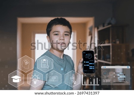 Smart kid using AI chatbot app on smartphone for learning and innovation at home. Concept of artificial intelligence, online education, and digital future for children learning with AI technology 