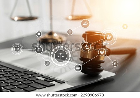 Smart law, legal advice icons and lawyer working tools in the lawyers office showing concept of digital law and online technology of astute law and regulations .